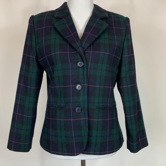 Vintage Blue Green Check Plaid Wool Blazer 12 #D30 - Picture 2 of 5